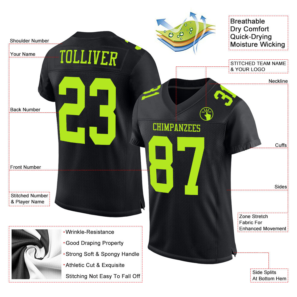 Custom Black Neon Green Mesh Authentic Football Jersey view 2