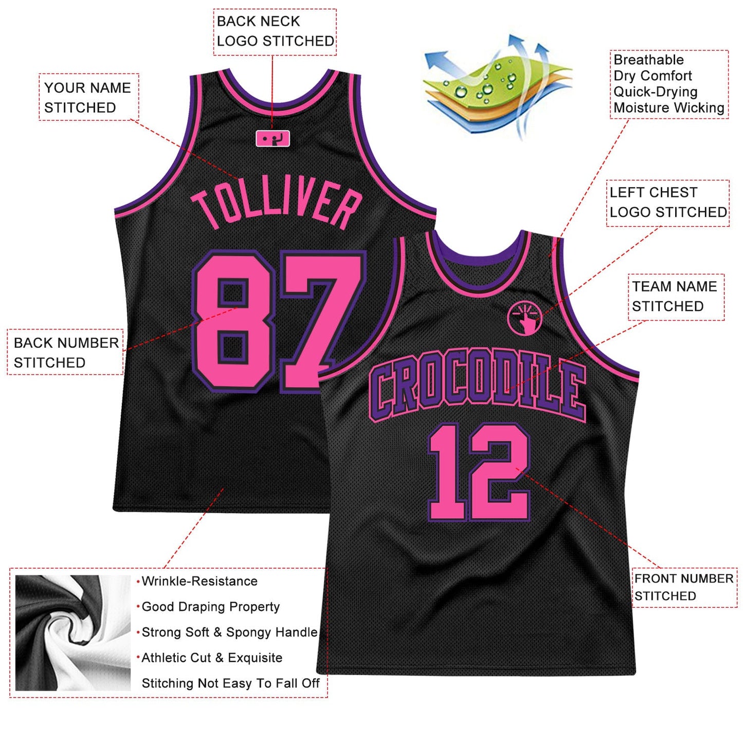Custom Black Pink-Purple Authentic Throwback Basketball Jersey view 2
