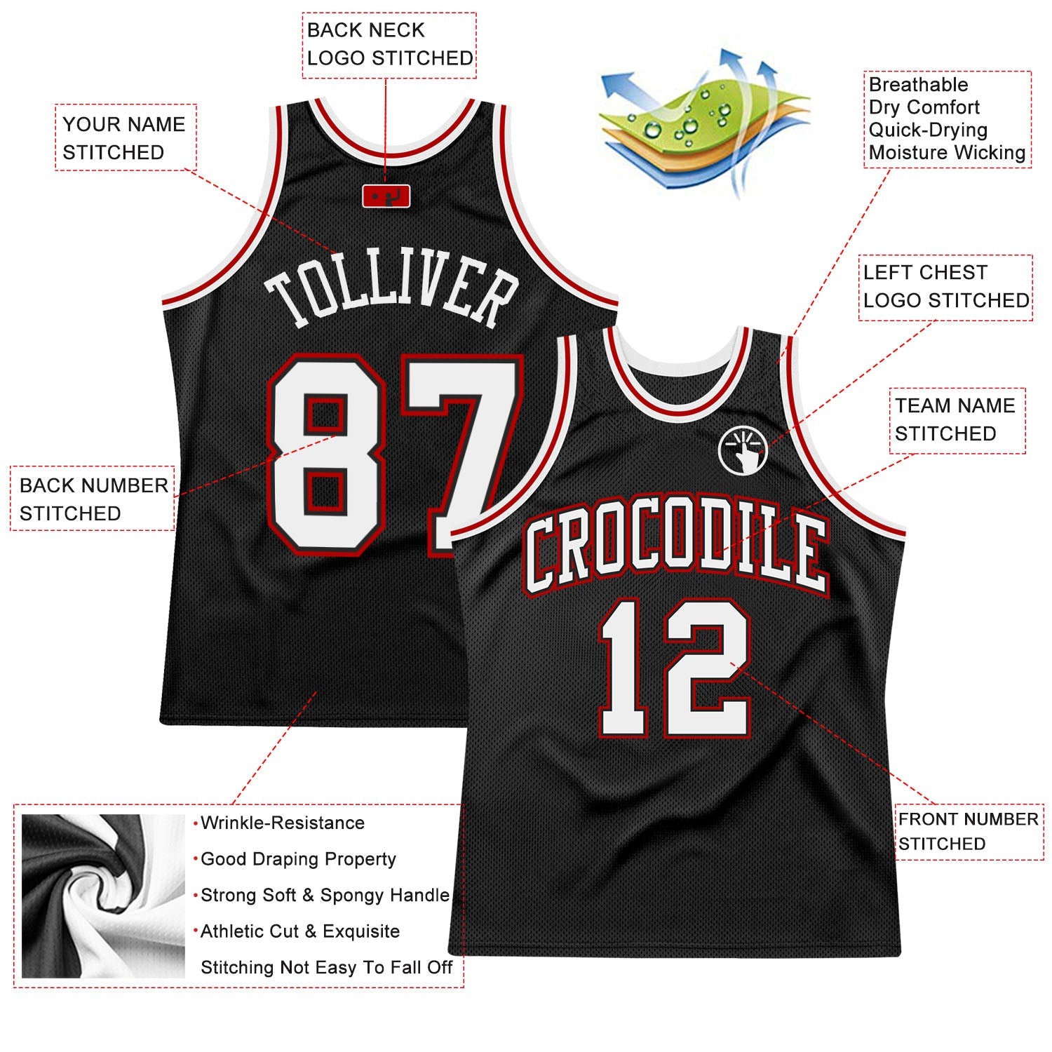 Custom Black White-Red Authentic Throwback Basketball Jersey view 2