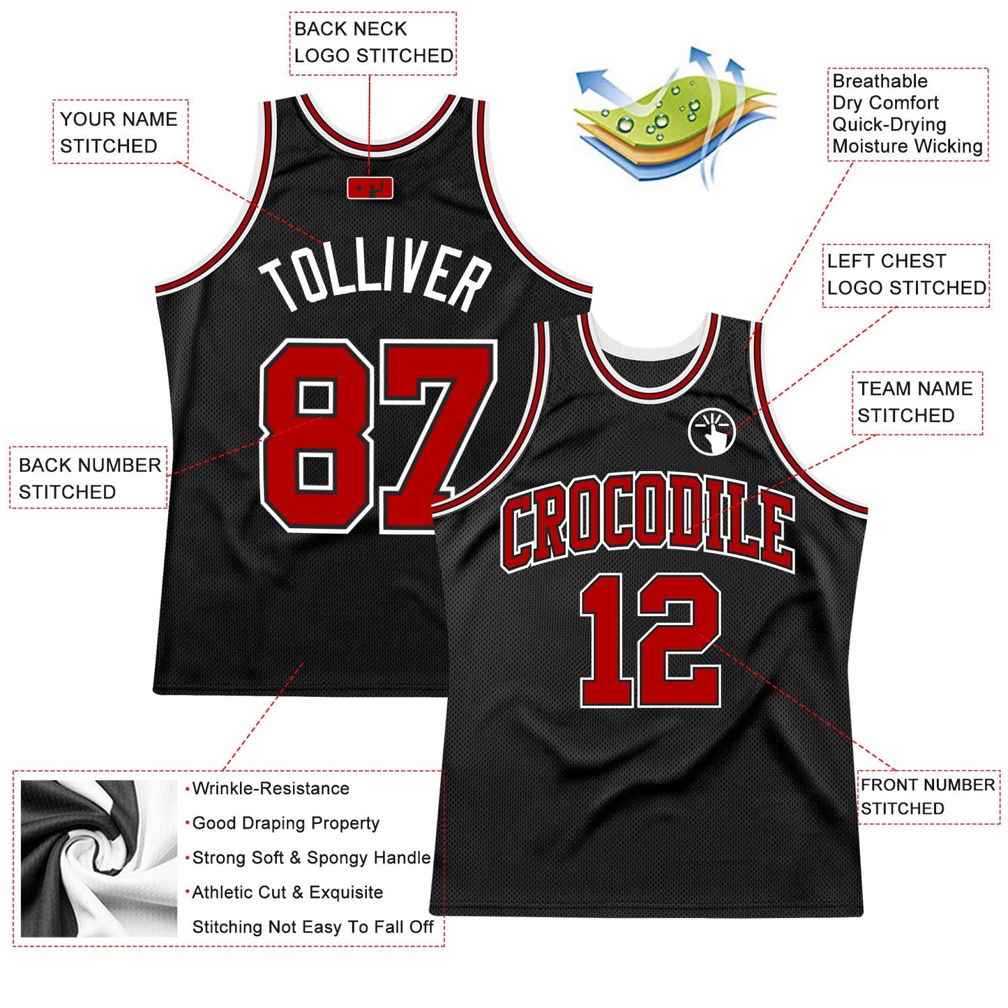 Custom Black Red-White Authentic Throwback Basketball Jersey view 2