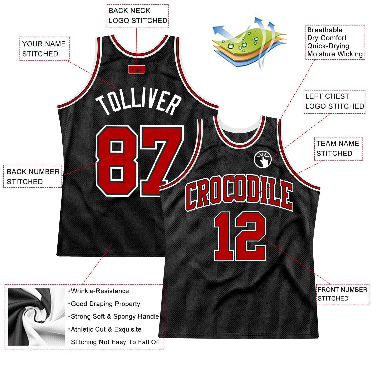 Custom Black Red-White Authentic Throwback Basketball Jersey view 2