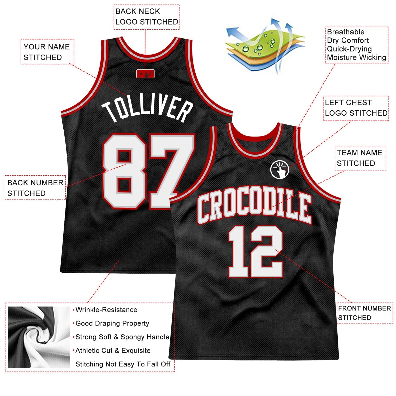 Custom Black White Gray-Red Authentic Throwback Basketball Jersey view 2