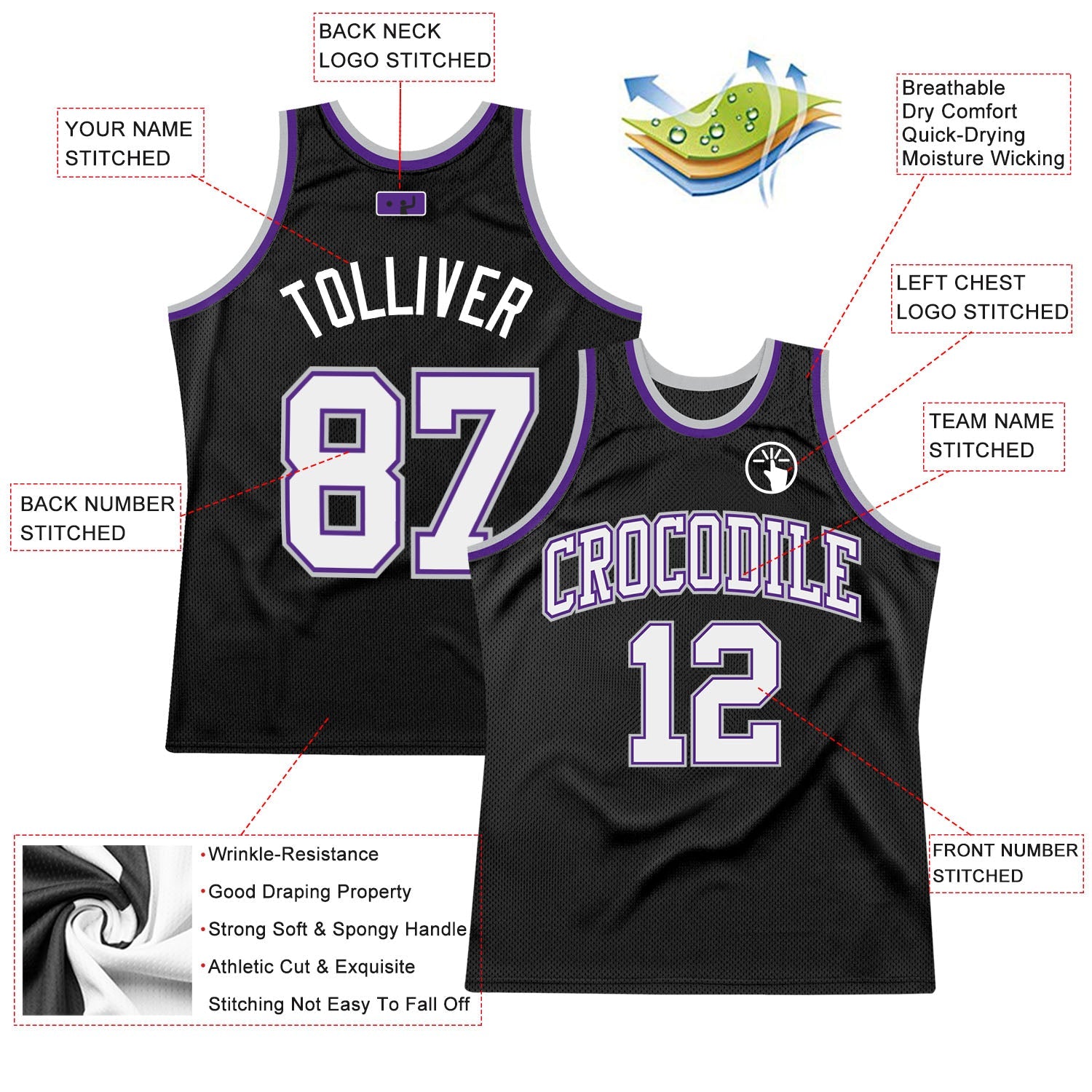 Custom Black White Purple-Gray Authentic Throwback Basketball Jersey view 2