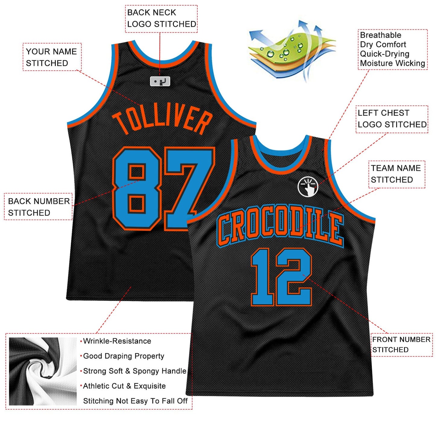 Custom Black Blue-Orange Authentic Throwback Basketball Jersey view 2