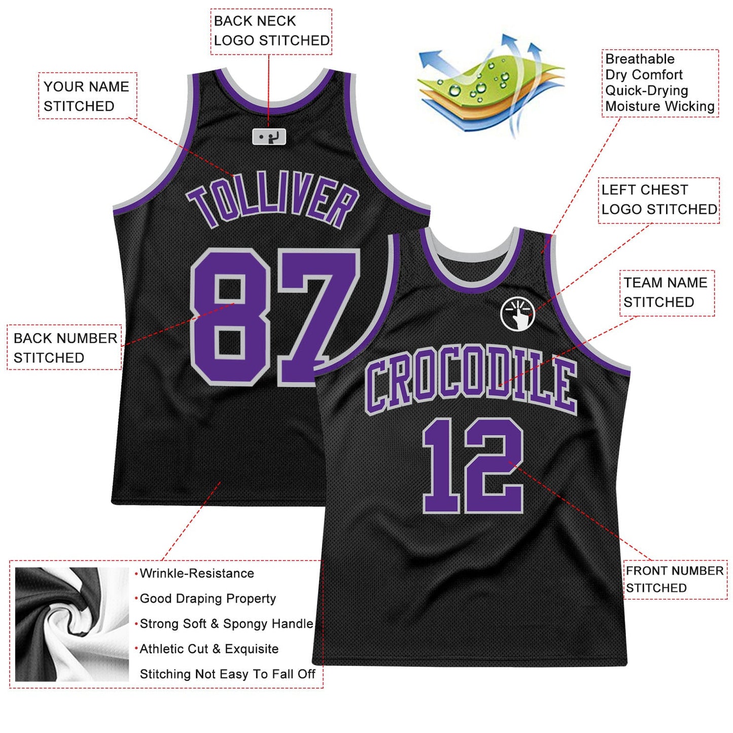 Custom Black Purple-Gray Authentic Throwback Basketball Jersey view 2