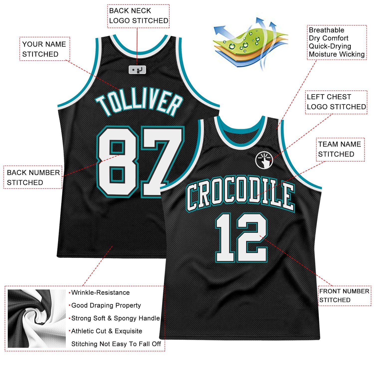 Custom Black White-Teal Authentic Throwback Basketball Jersey view 2