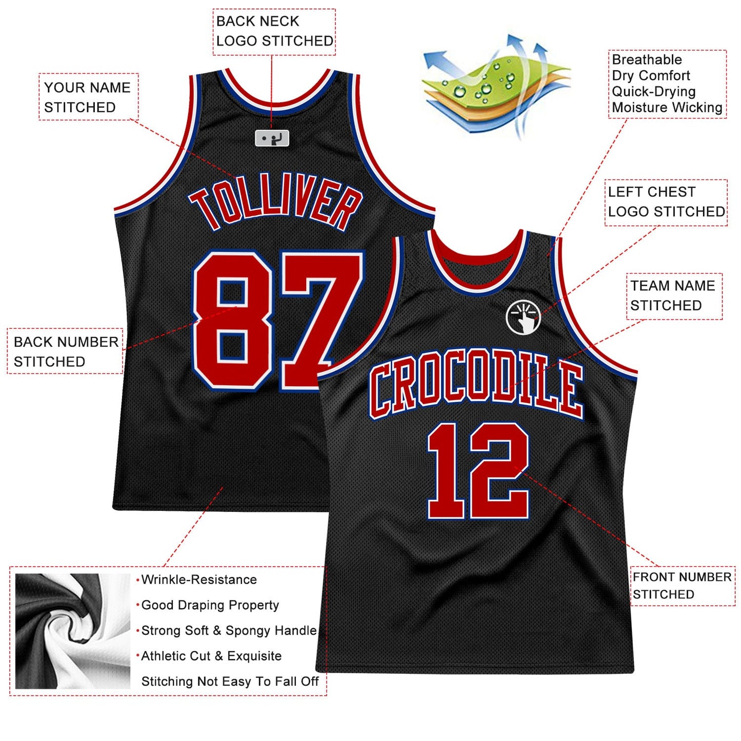 Custom Black Red-Royal Authentic Throwback Basketball Jersey view 2