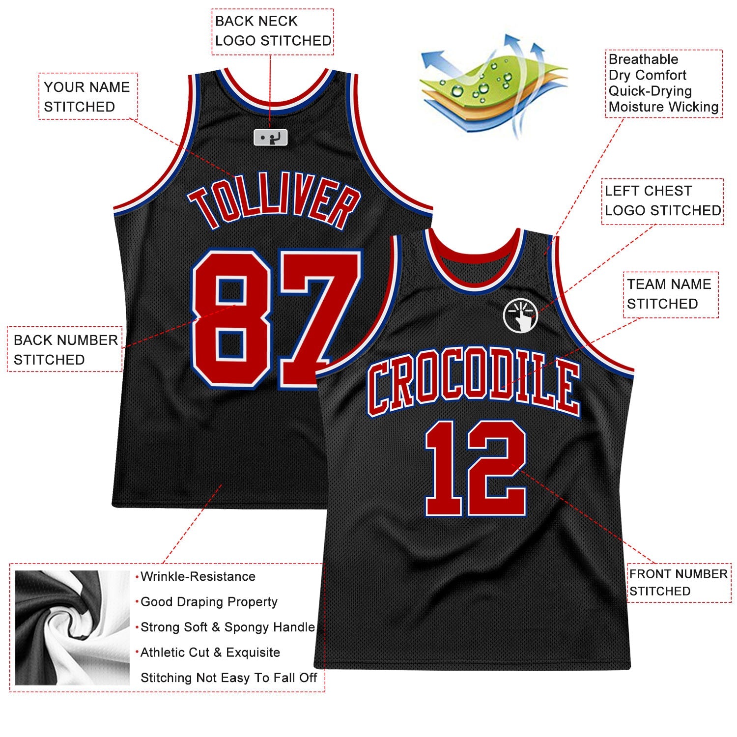 Custom Black Red-Royal Authentic Throwback Basketball Jersey view 2