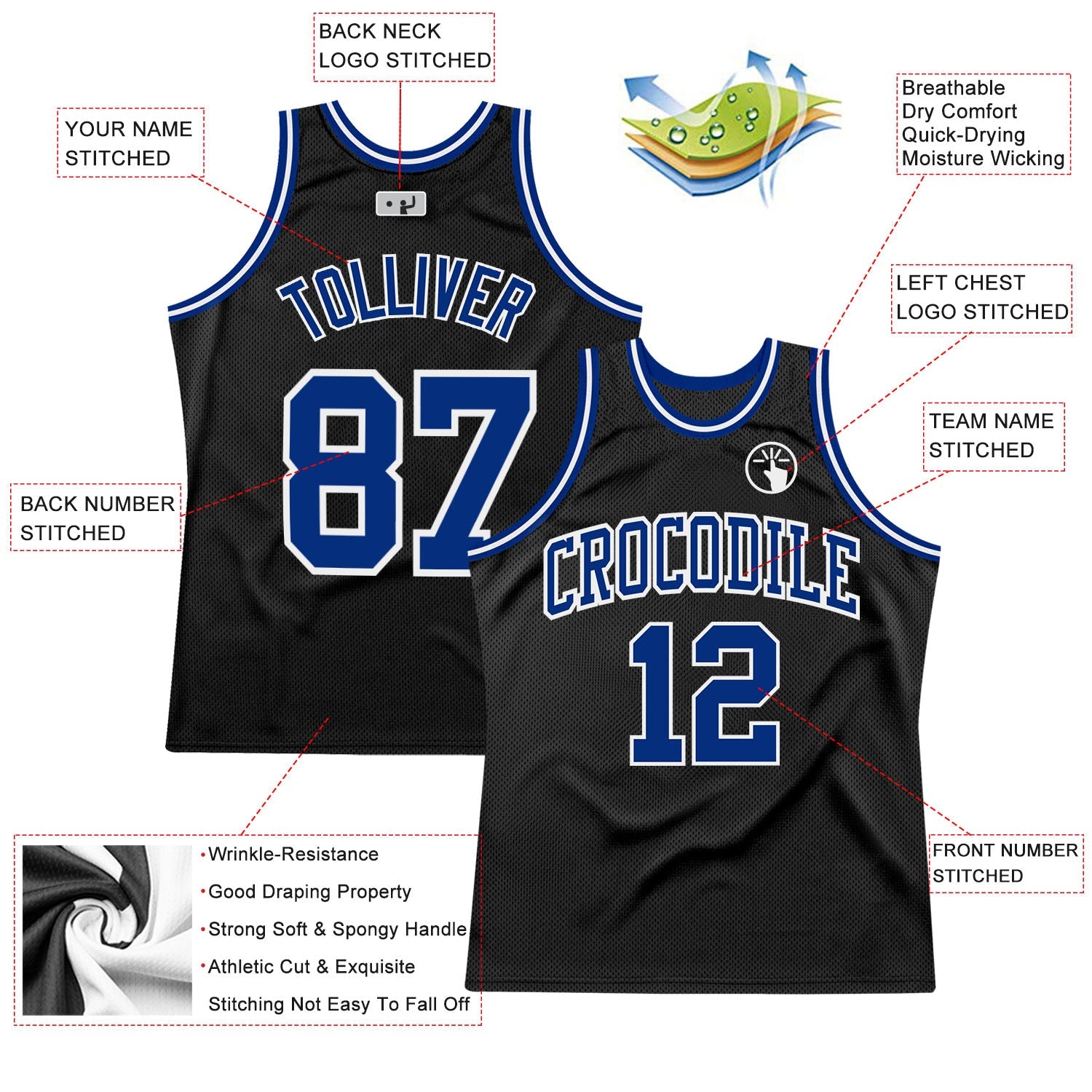 Custom Black Royal-White Authentic Throwback Basketball Jersey view 2