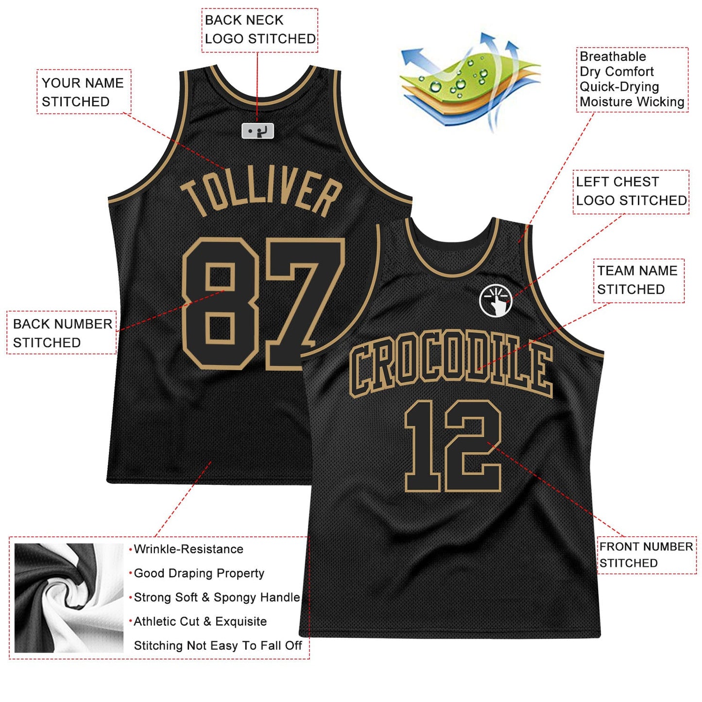 Custom Black Black-Old Gold Authentic Throwback Basketball Jersey view 2