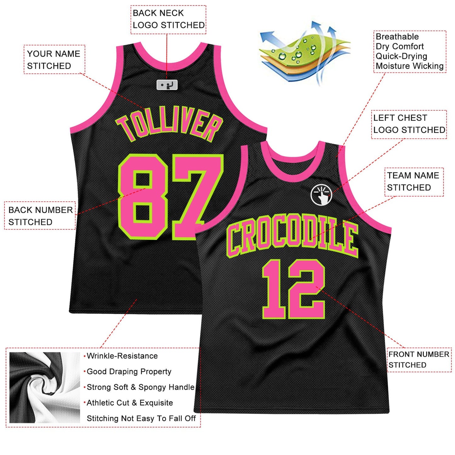 Custom Black Pink-Neon Green Authentic Throwback Basketball Jersey view 2