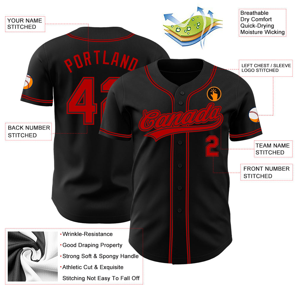 Custom Black Red Authentic Baseball Jersey view 3