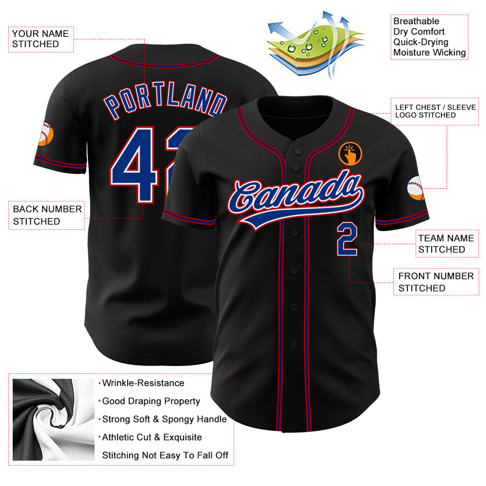 Custom Black Royal-Red Authentic Baseball Jersey view 3