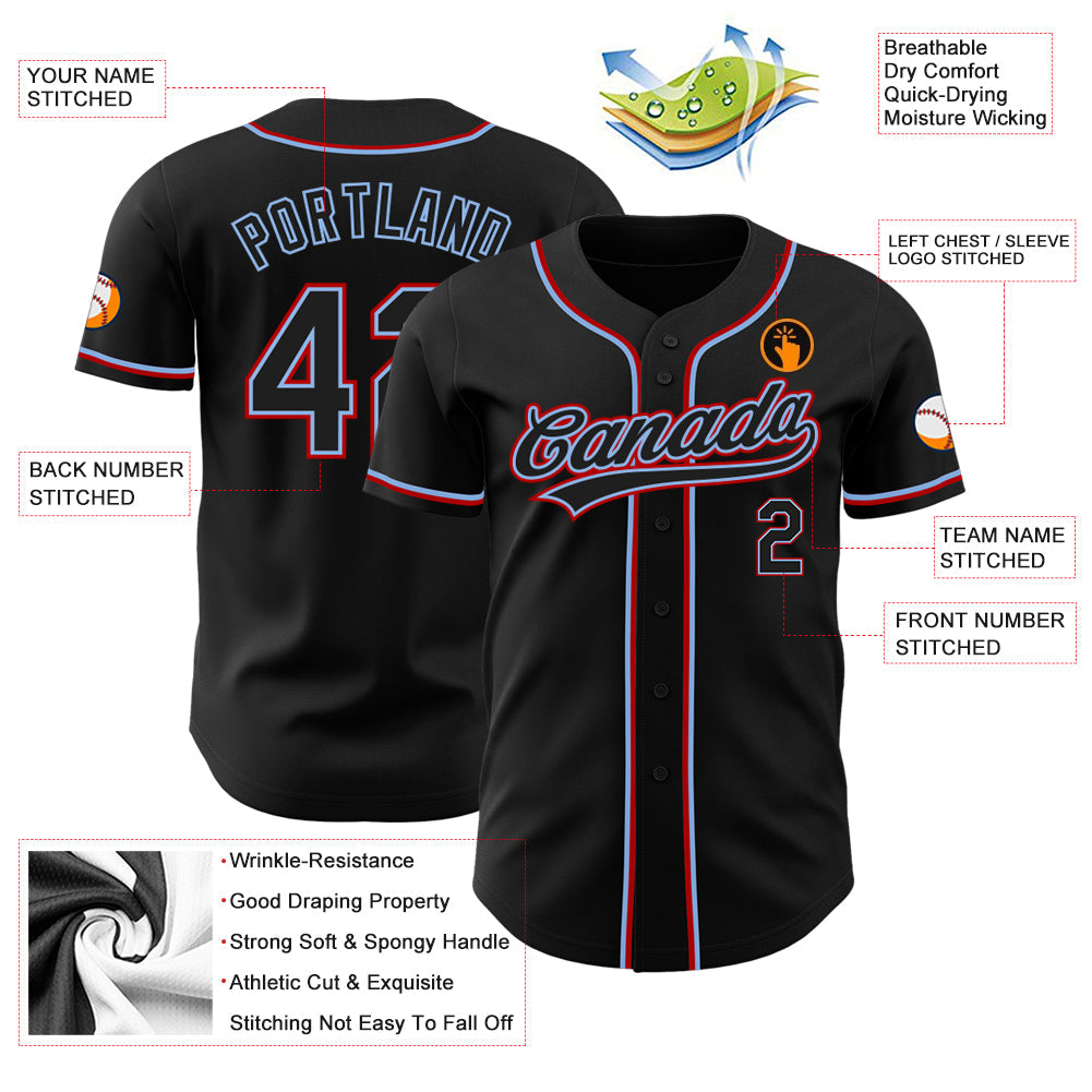 Custom Black Black Light Blue-Red Authentic Baseball Jersey view 3