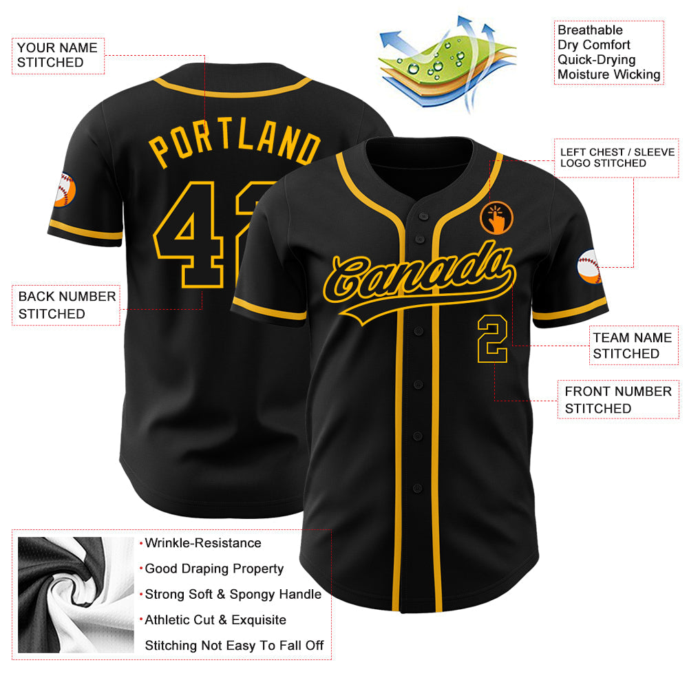 Custom Black Black-Gold Authentic Baseball Jersey view 3