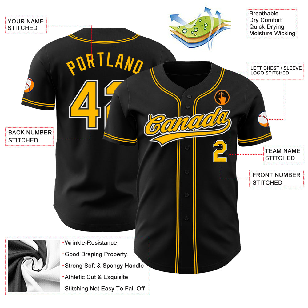 Custom Black Gold-White Authentic Baseball Jersey view 3