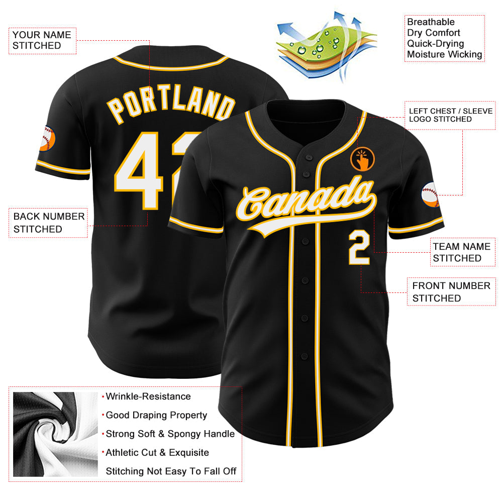 Custom Black White-Gold Authentic Baseball Jersey view 3