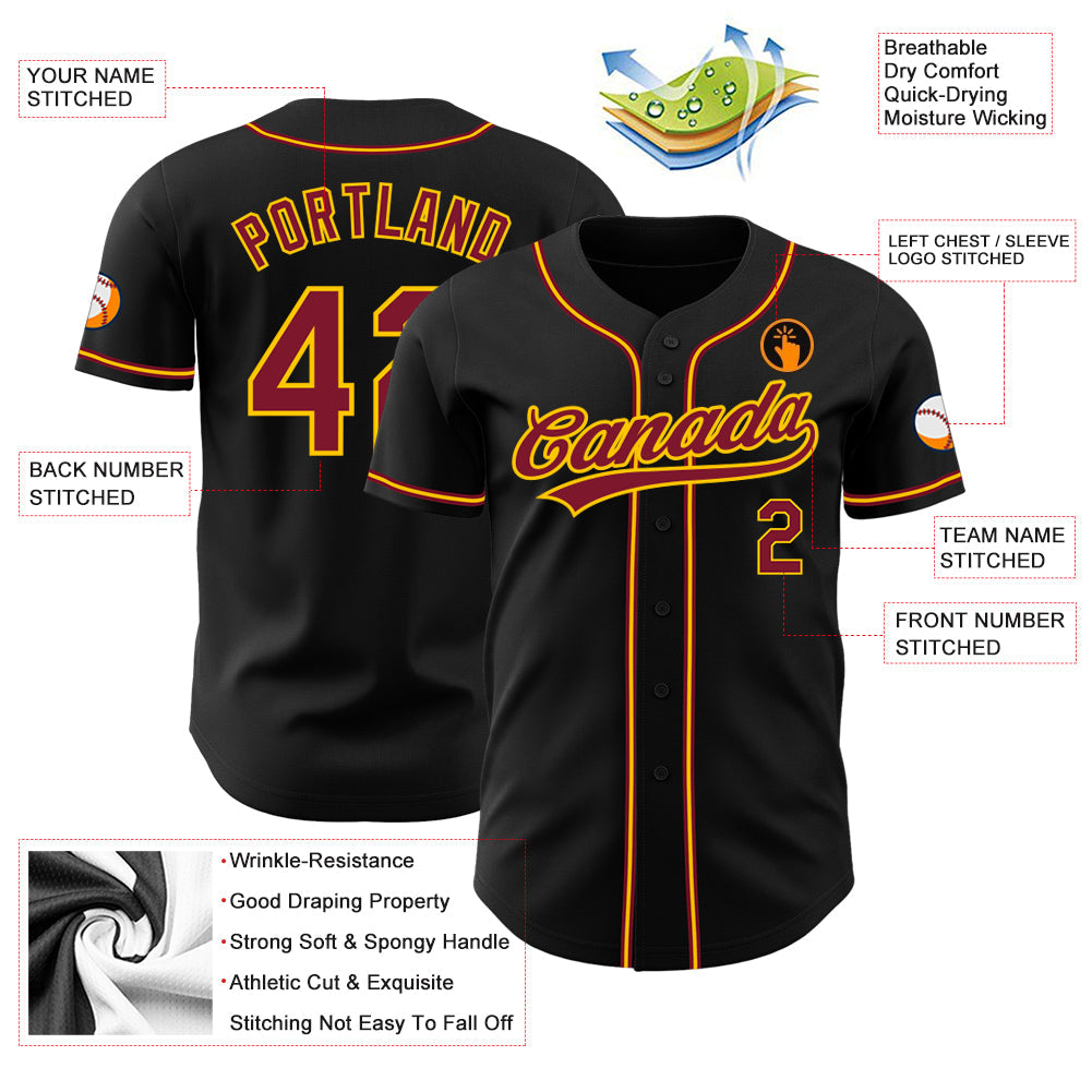 Custom Black Crimson-Gold Authentic Baseball Jersey view 3
