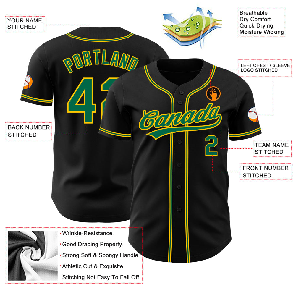 Custom Black Kelly Green-Gold Authentic Baseball Jersey view 3