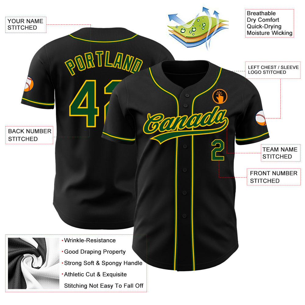 Custom Black Green-Gold Authentic Baseball Jersey view 3
