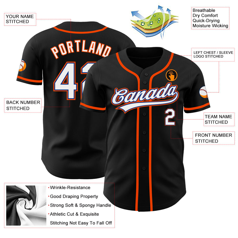 Custom Black White Royal-Orange Authentic Baseball Jersey view 3