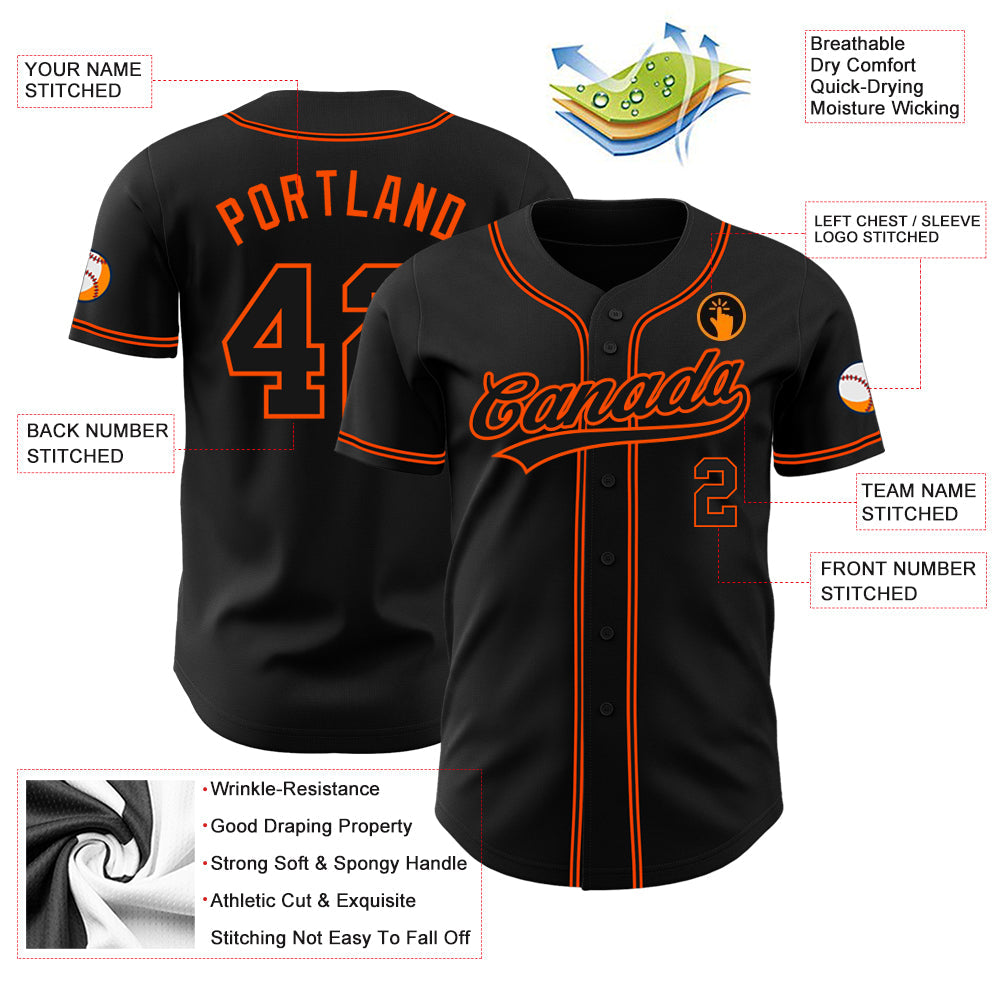 Custom Black Black-Orange Authentic Baseball Jersey view 3
