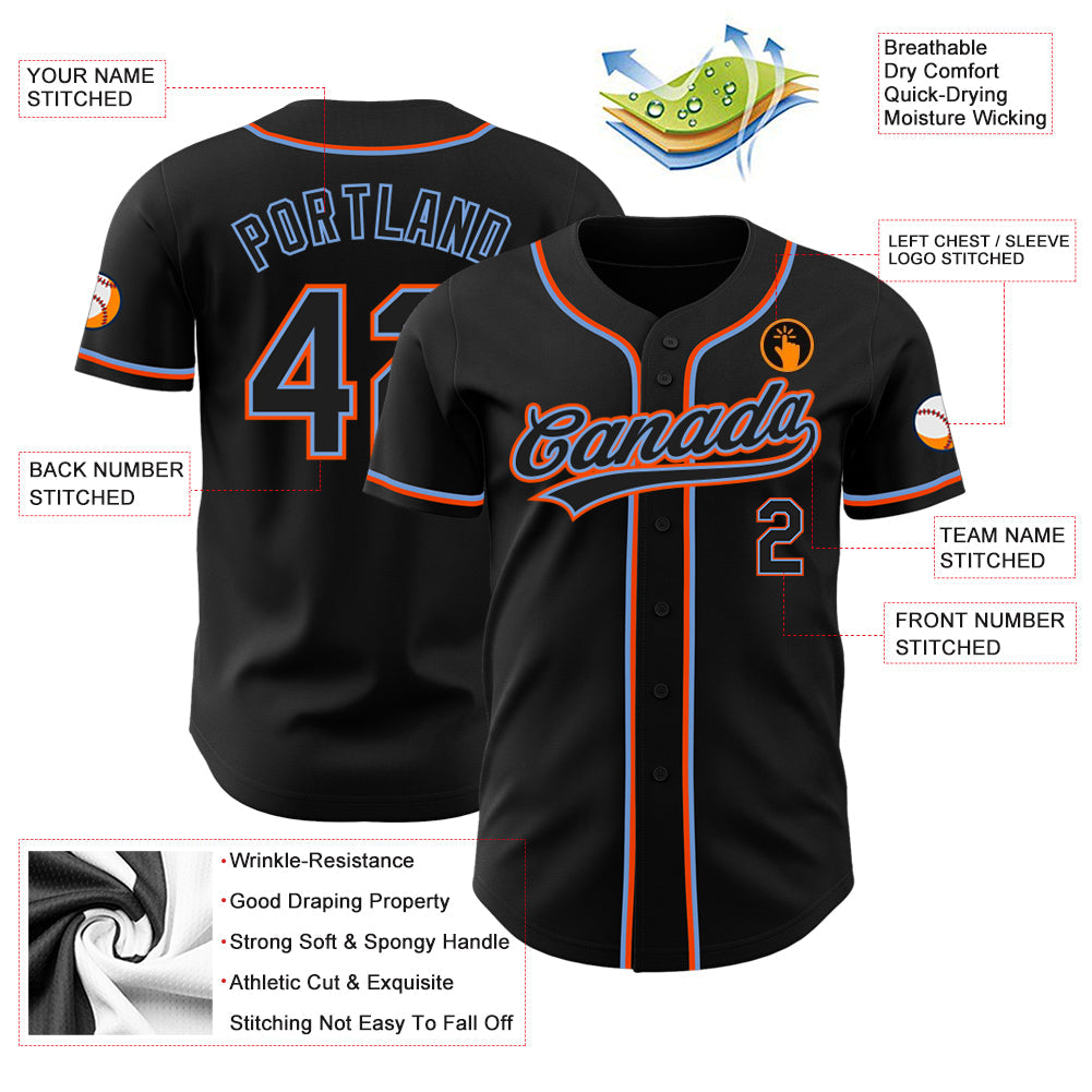 Custom Black Black Powder Blue-Orange Authentic Baseball Jersey view 3
