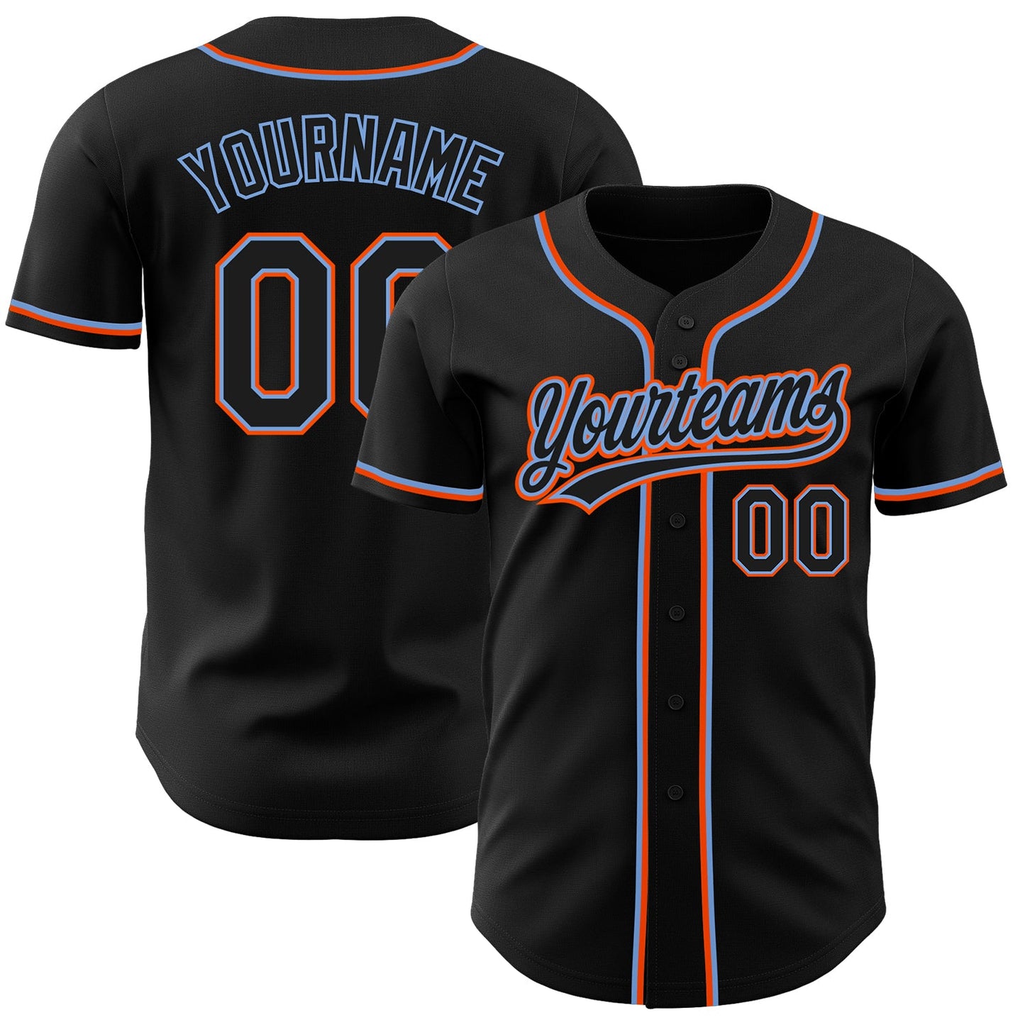 Custom Black Black Powder Blue-Orange Authentic Baseball Jersey - Main View