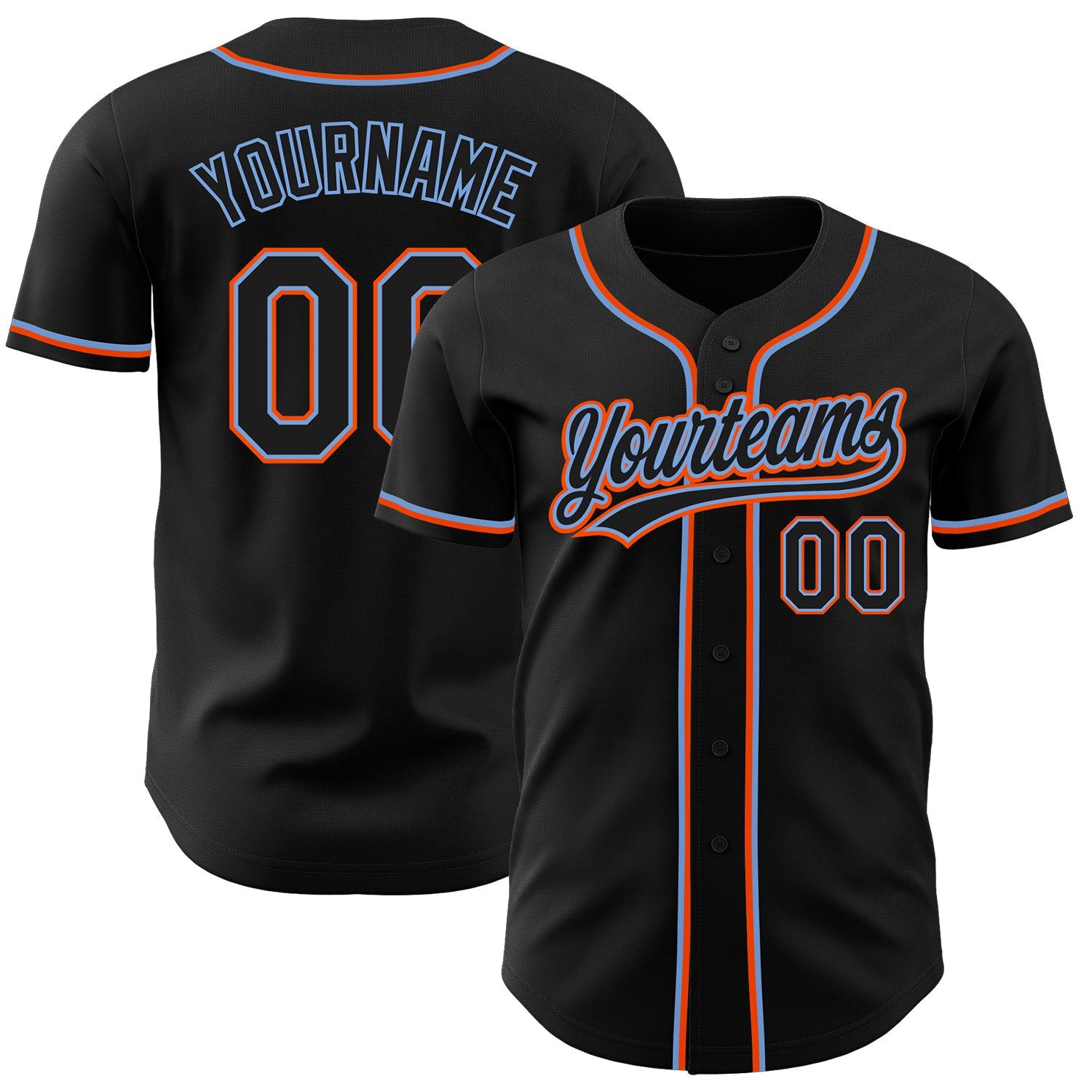 Custom Black Black Powder Blue-Orange Authentic Baseball Jersey - Main View
