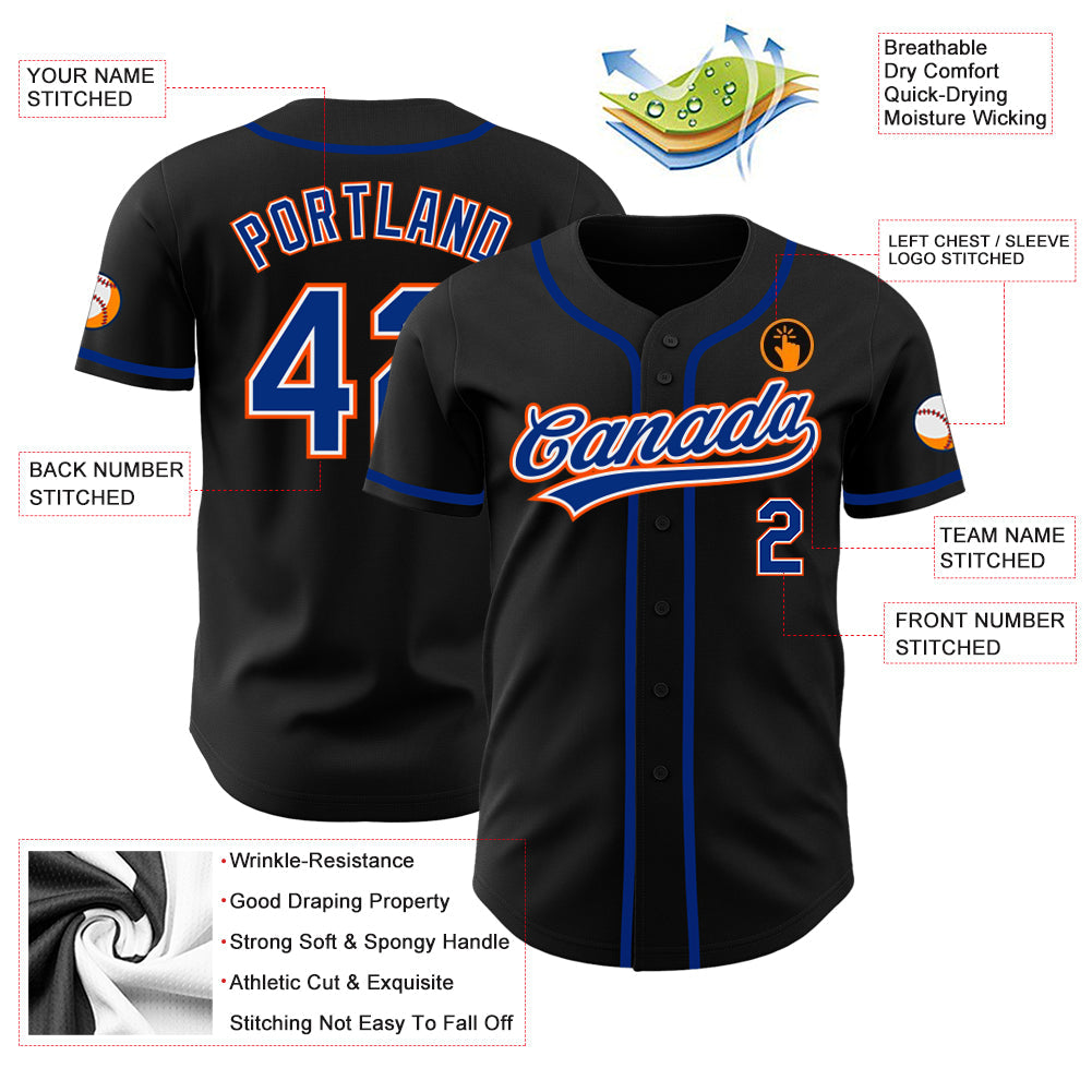 Custom Black Royal-Orange Authentic Baseball Jersey view 3