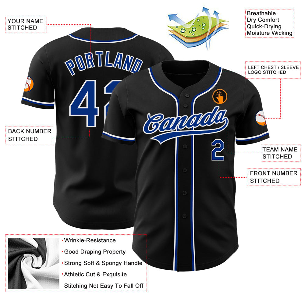 Custom Black Royal-White Authentic Baseball Jersey view 3