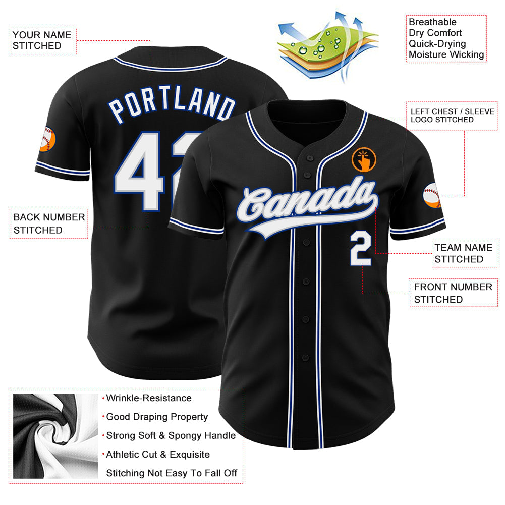 Custom Black White Gray-Royal Authentic Baseball Jersey view 3