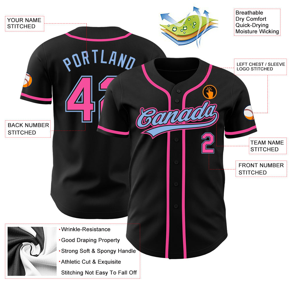 Custom Black Pink-Light Blue Authentic Baseball Jersey view 3