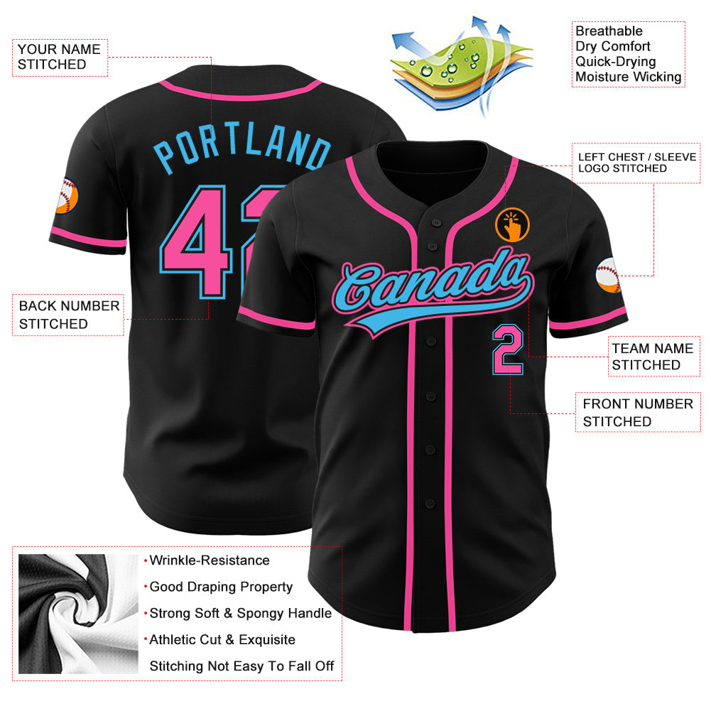 Custom Black Pink-Sky Blue Authentic Baseball Jersey view 3
