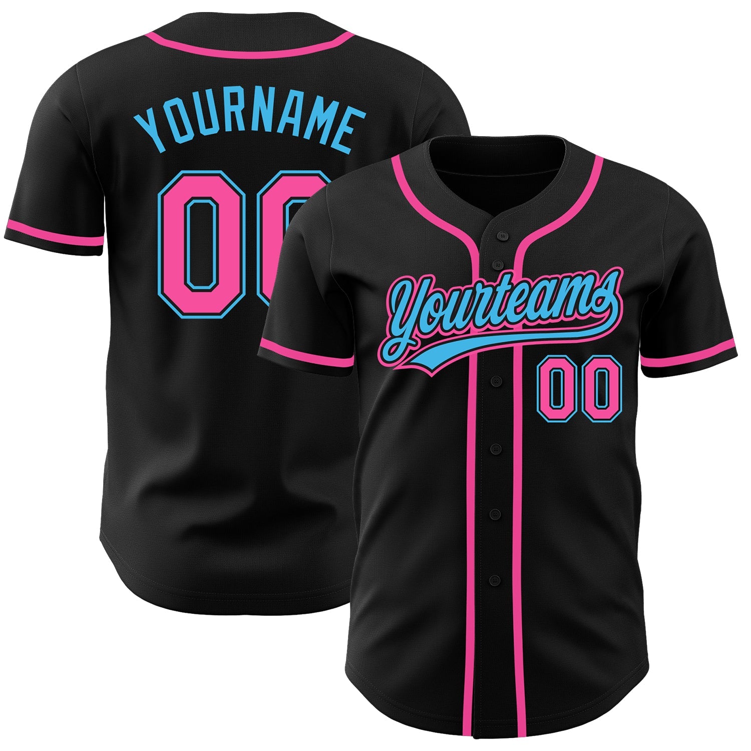 Custom Black Pink-Sky Blue Authentic Baseball Jersey - Main View