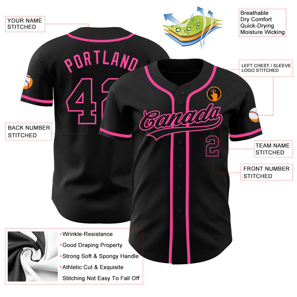 Custom Black Black-Pink Authentic Baseball Jersey view 3