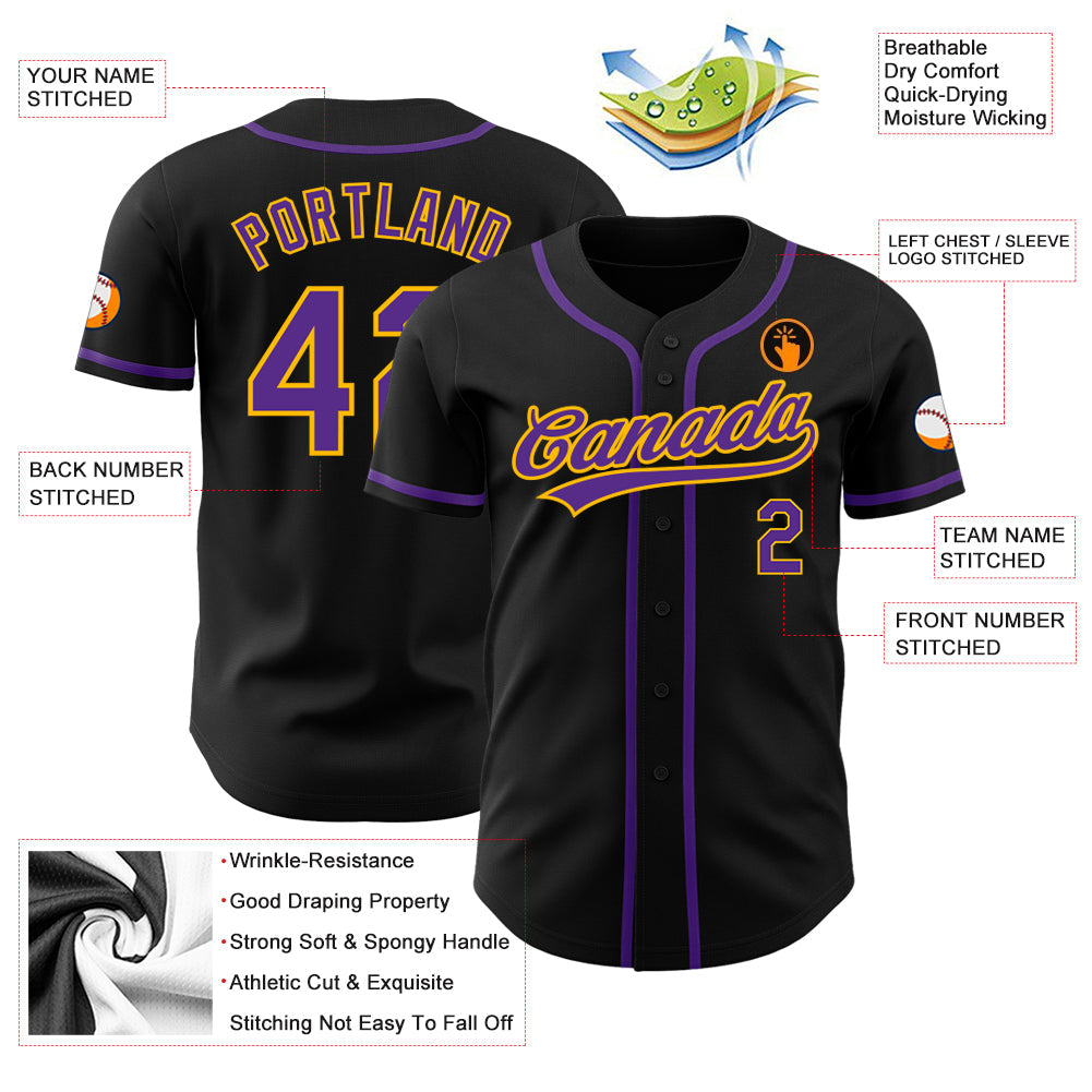Custom Black Purple-Gold Authentic Baseball Jersey view 3