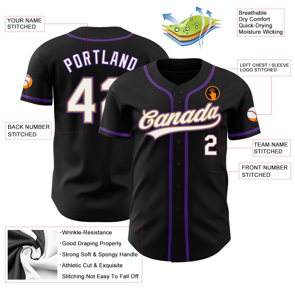 Custom Black White Old Gold-Purple Authentic Baseball Jersey view 3