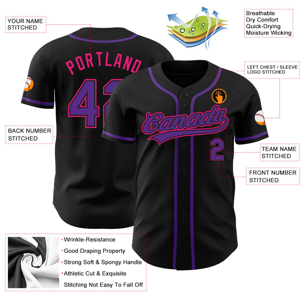 Custom Black Purple-Hot Pink Authentic Baseball Jersey view 3
