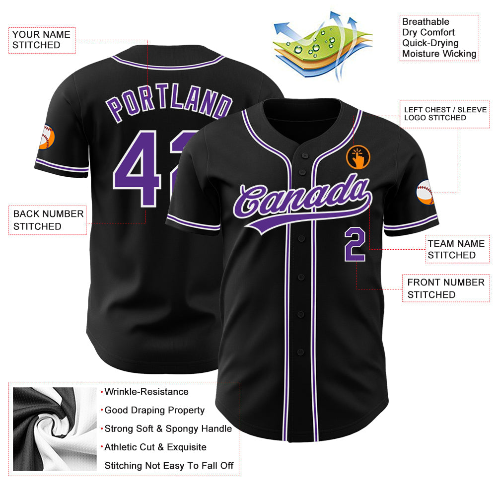 Custom Black Purple-White Authentic Baseball Jersey view 3