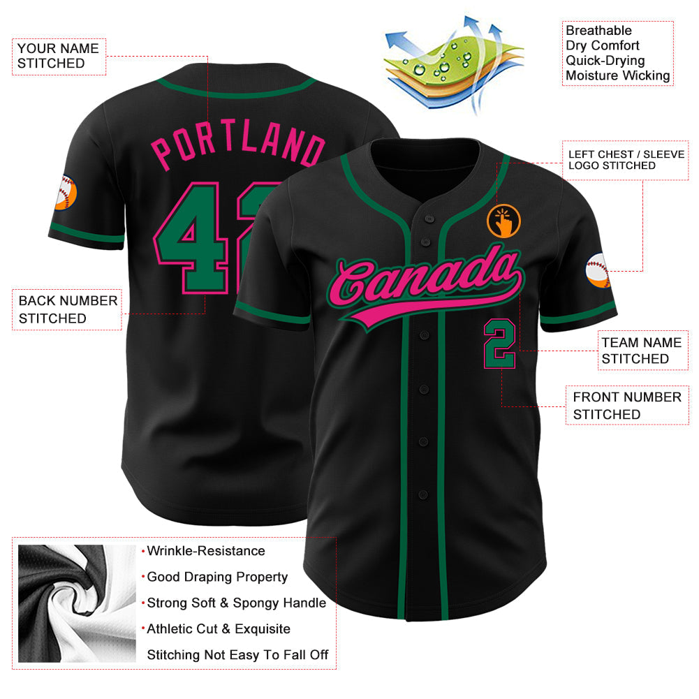 Custom Black Kelly Green-Hot Pink Authentic Baseball Jersey view 3