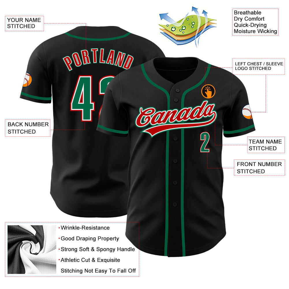 Custom Black Kelly Green-Red Authentic Baseball Jersey view 3