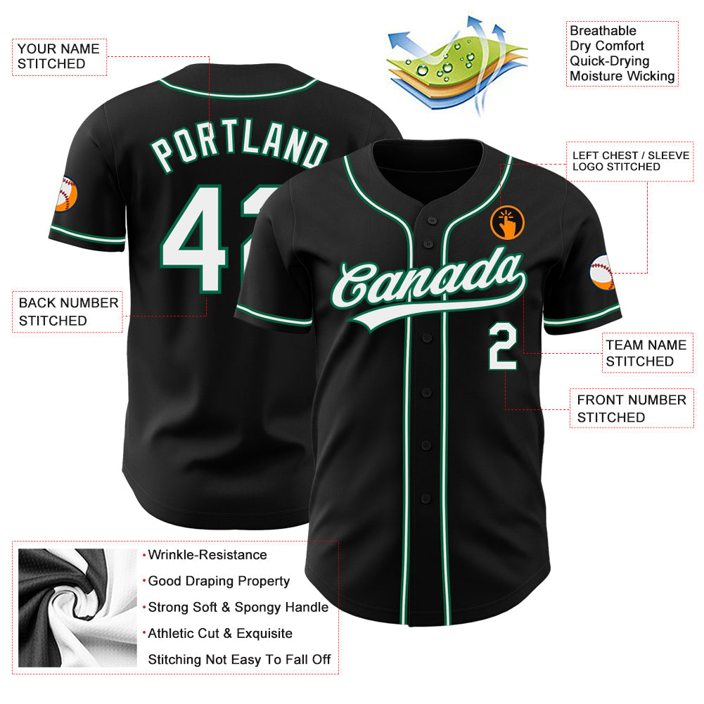 Custom Black White-Kelly Green Authentic Baseball Jersey view 3