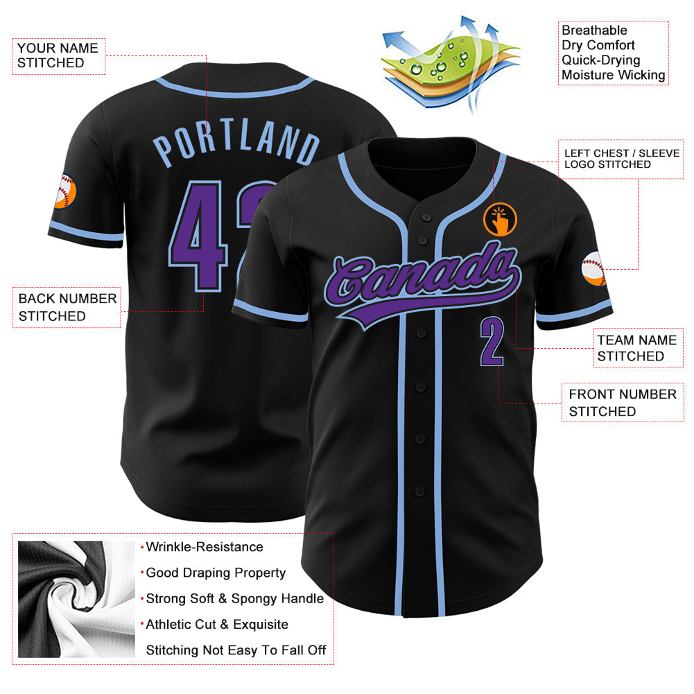Custom Black Purpe-Light Blue Authentic Baseball Jersey view 3