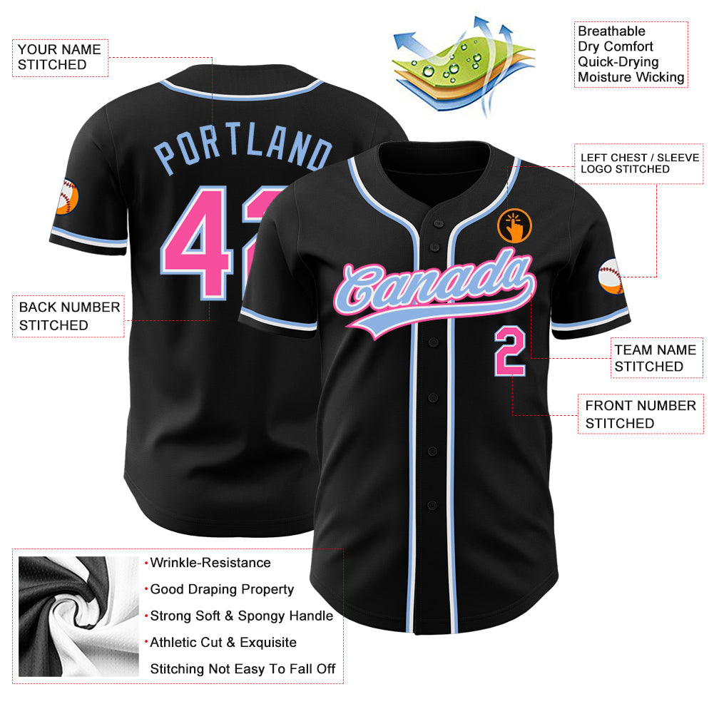 Custom Black Pink-Light Blue Authentic Baseball Jersey view 3