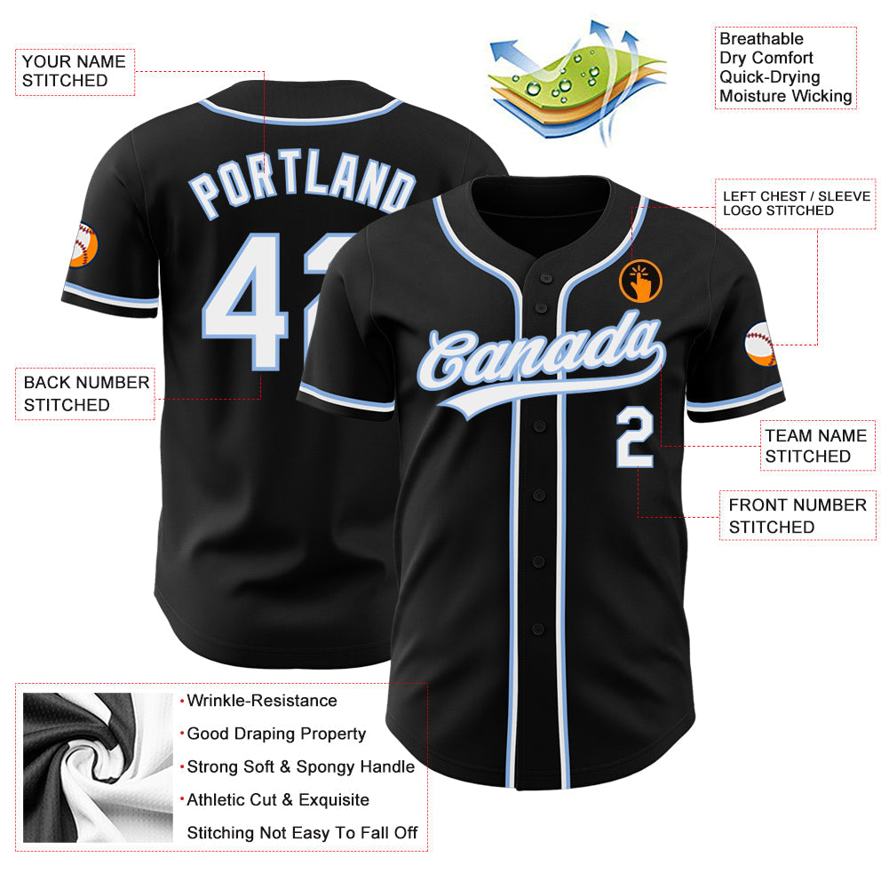 Custom Black White-Light Blue Authentic Baseball Jersey view 3