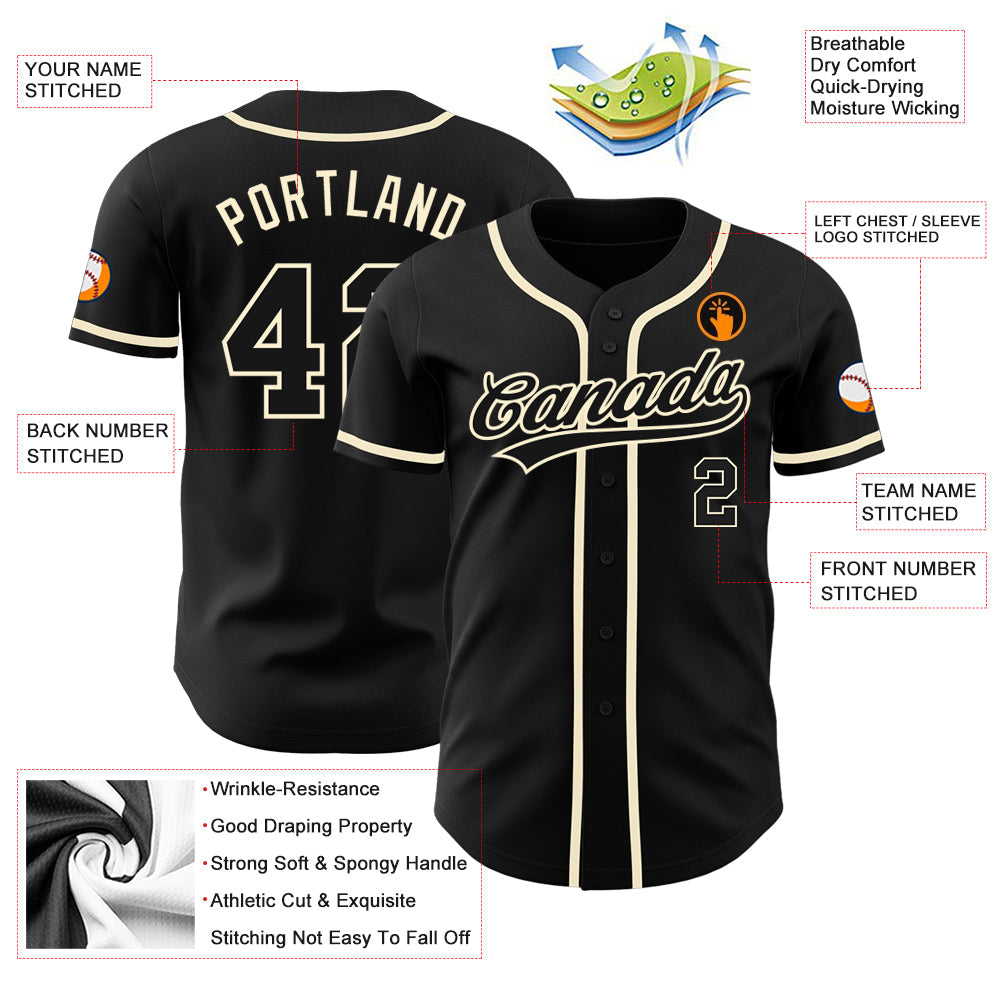 Custom Black Black-Cream Authentic Baseball Jersey view 3