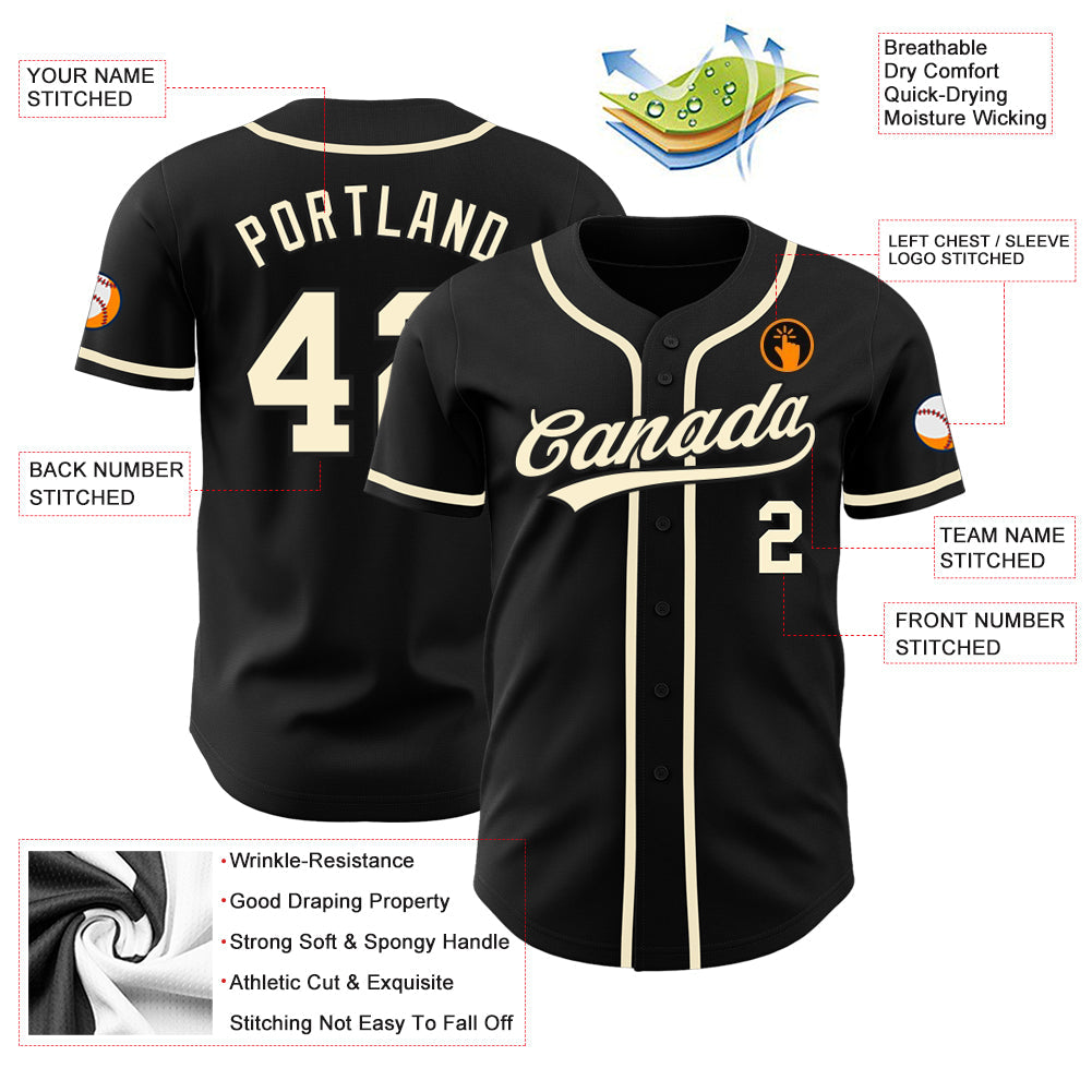 Custom Black Cream Authentic Baseball Jersey view 4