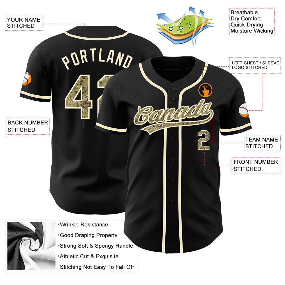 Custom Black Camo-Cream Authentic Baseball Jersey view 3