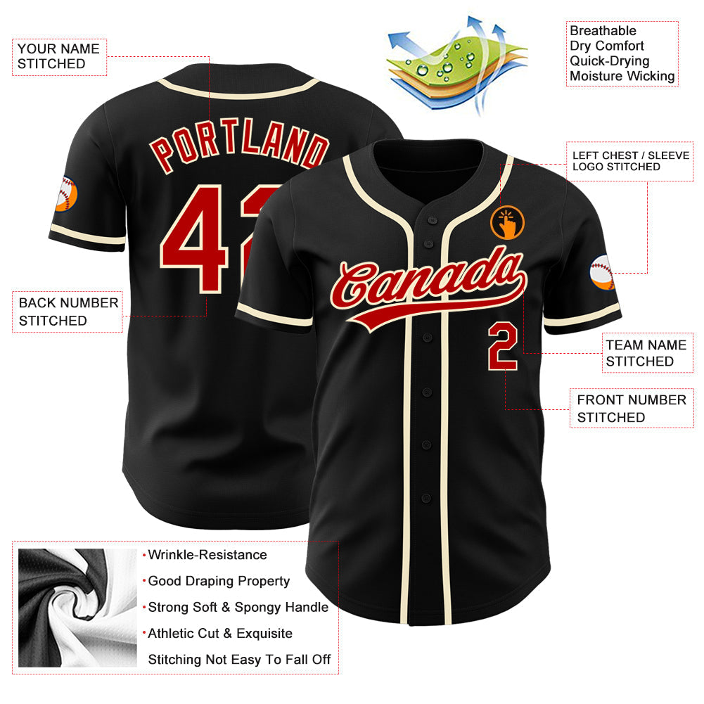 Custom Black Red-Cream Authentic Baseball Jersey view 3